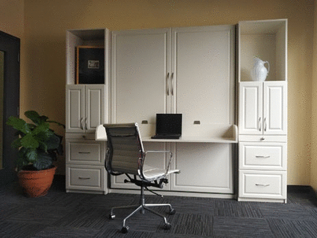Antique White Raised Panel Door Style Wall Bed with Self-Levelling Desk